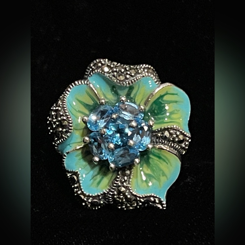 Dallas Prince green enamel. Swiss Blue Topaz and Marcasite Sterling Silver Ring